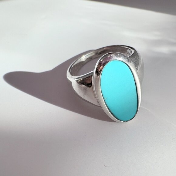 VTG Solid Sterling SIlver 925 Turquoise Bezel Set Tapered Band Ring Size 9 - Picture 5 of 10